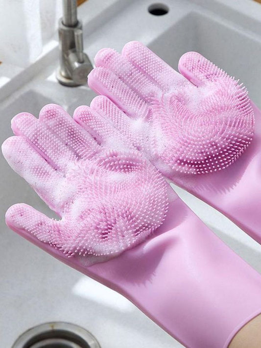 Reusable Silicone Dishwashing & Cleaning Gloves with Built-In Scrubber